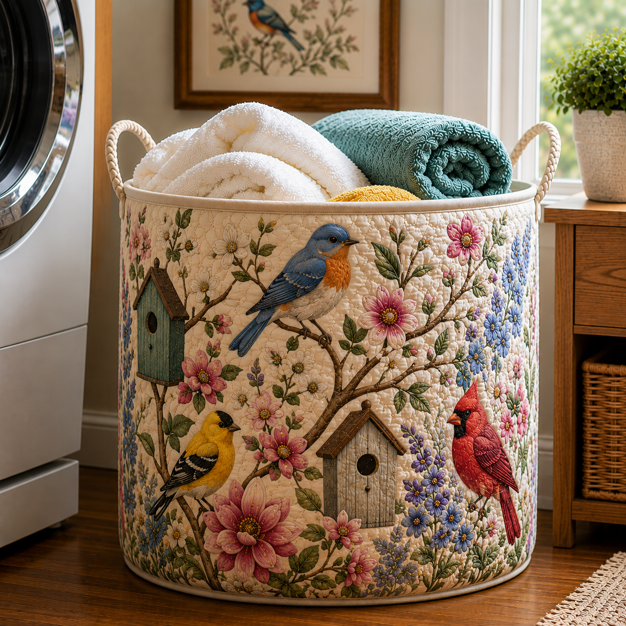 Colorful Garden Bird Farmhouse Quilted Laundry Basket