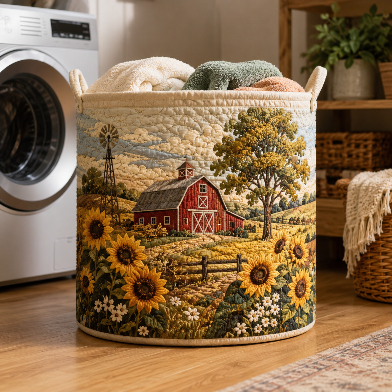 Sunflower Red Barn Windmill Quilted Laundry Basket