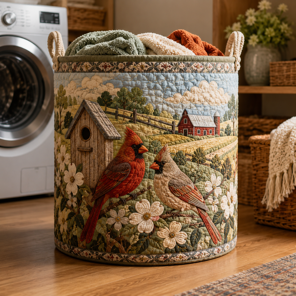Wildflower Cardinal Birdhouse Quilted Laundry Basket