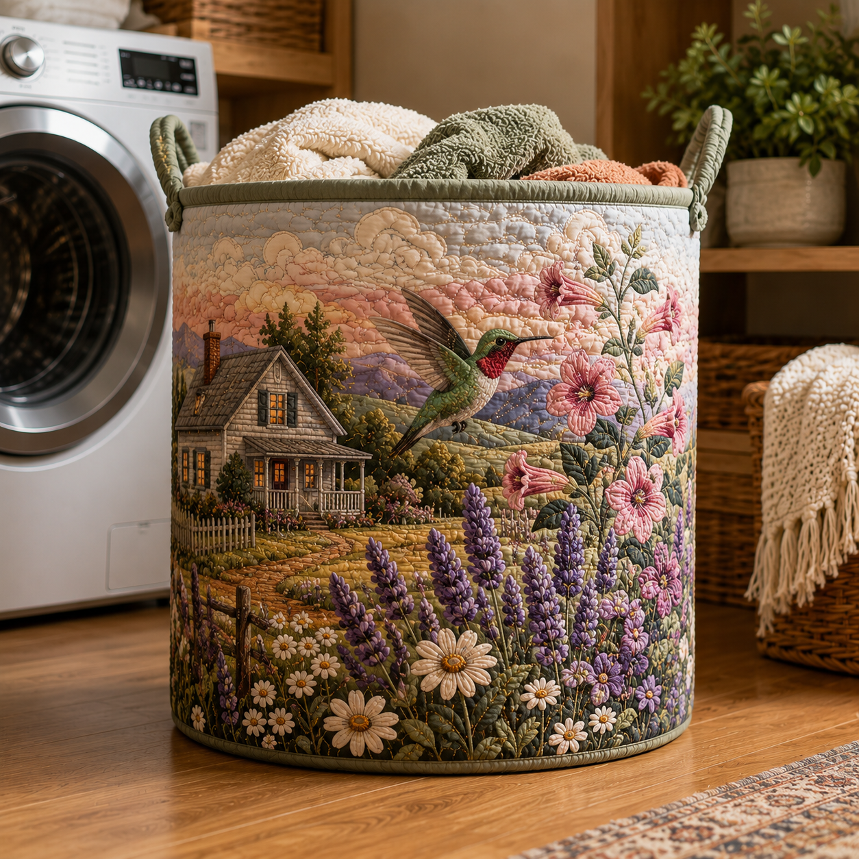 Country Floral Hummingbird Print Quilted Laundry Basket
