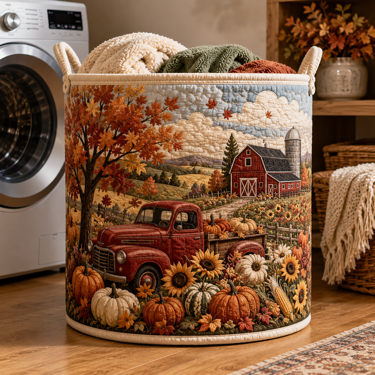 Vintage Truck Sunflower Pumpkin Quilted Laundry Basket