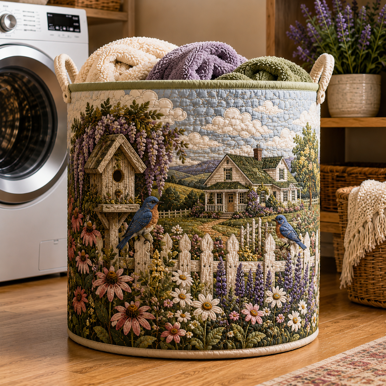 Bluebird Garden Farmhouse Quilted Laundry Basket