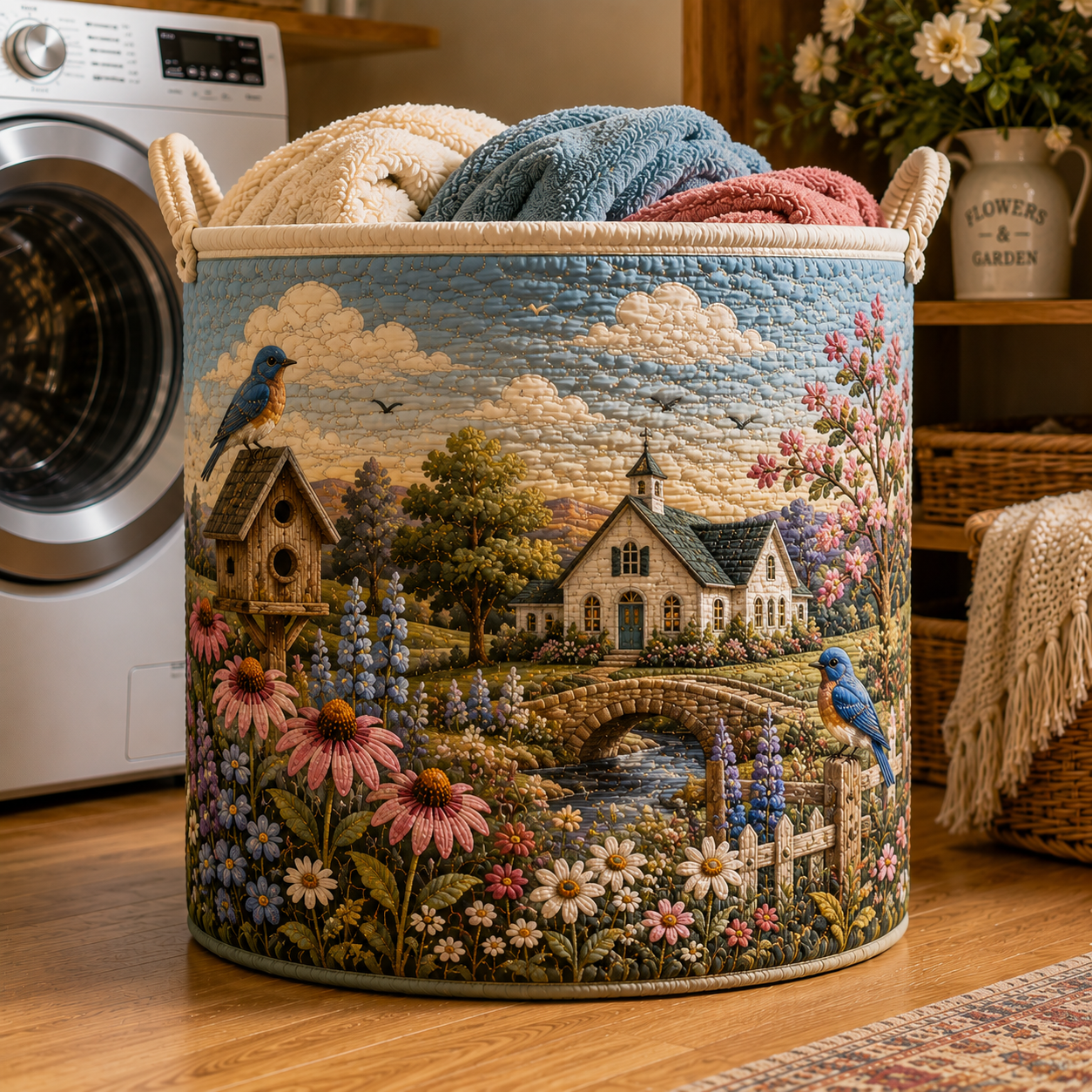 Stone Bridge Chapel Bluebird Quilted Laundry Basket