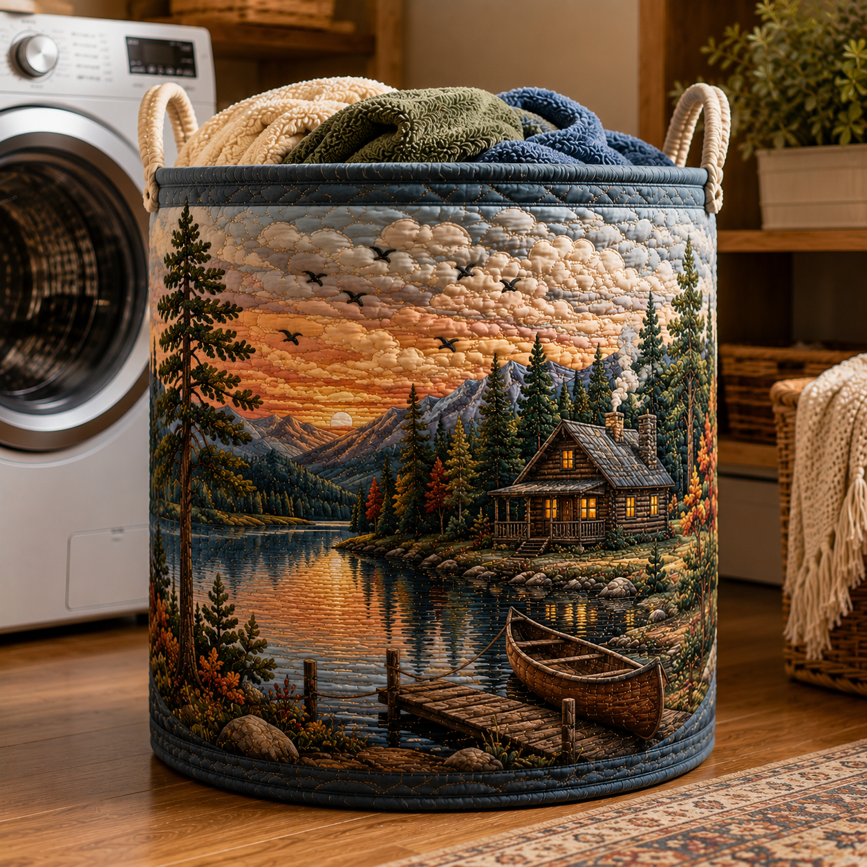 Rustic Forest Lake Cottage Quilted Laundry Basket