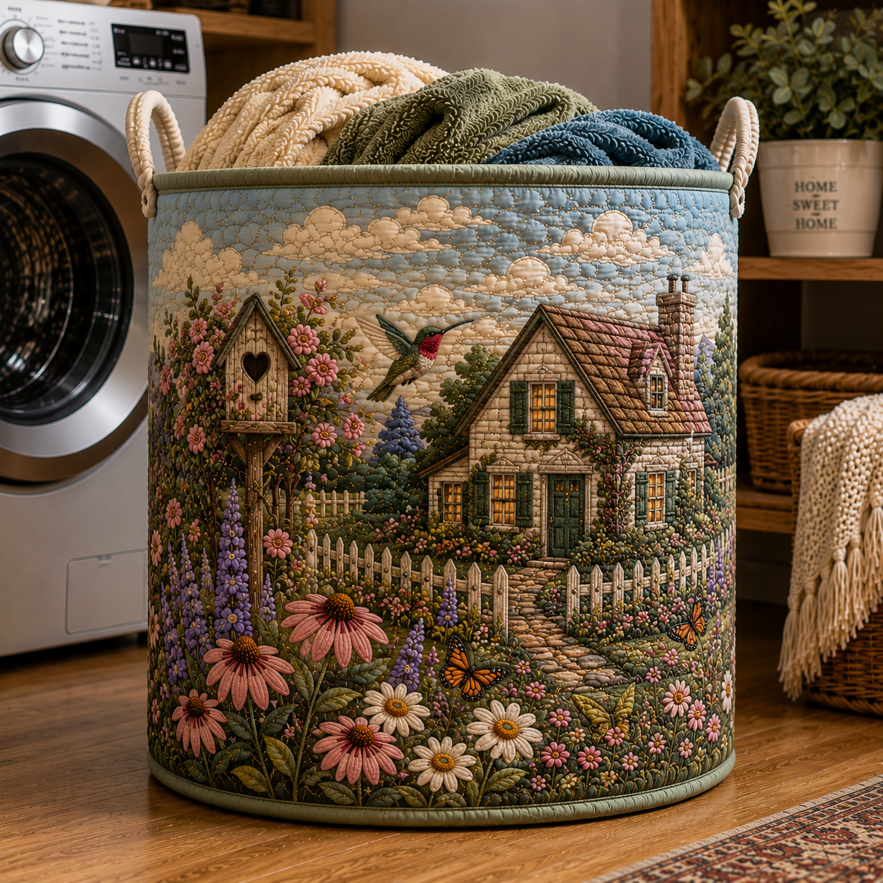 White Picket Fence Wildflower Quilted Laundry Basket