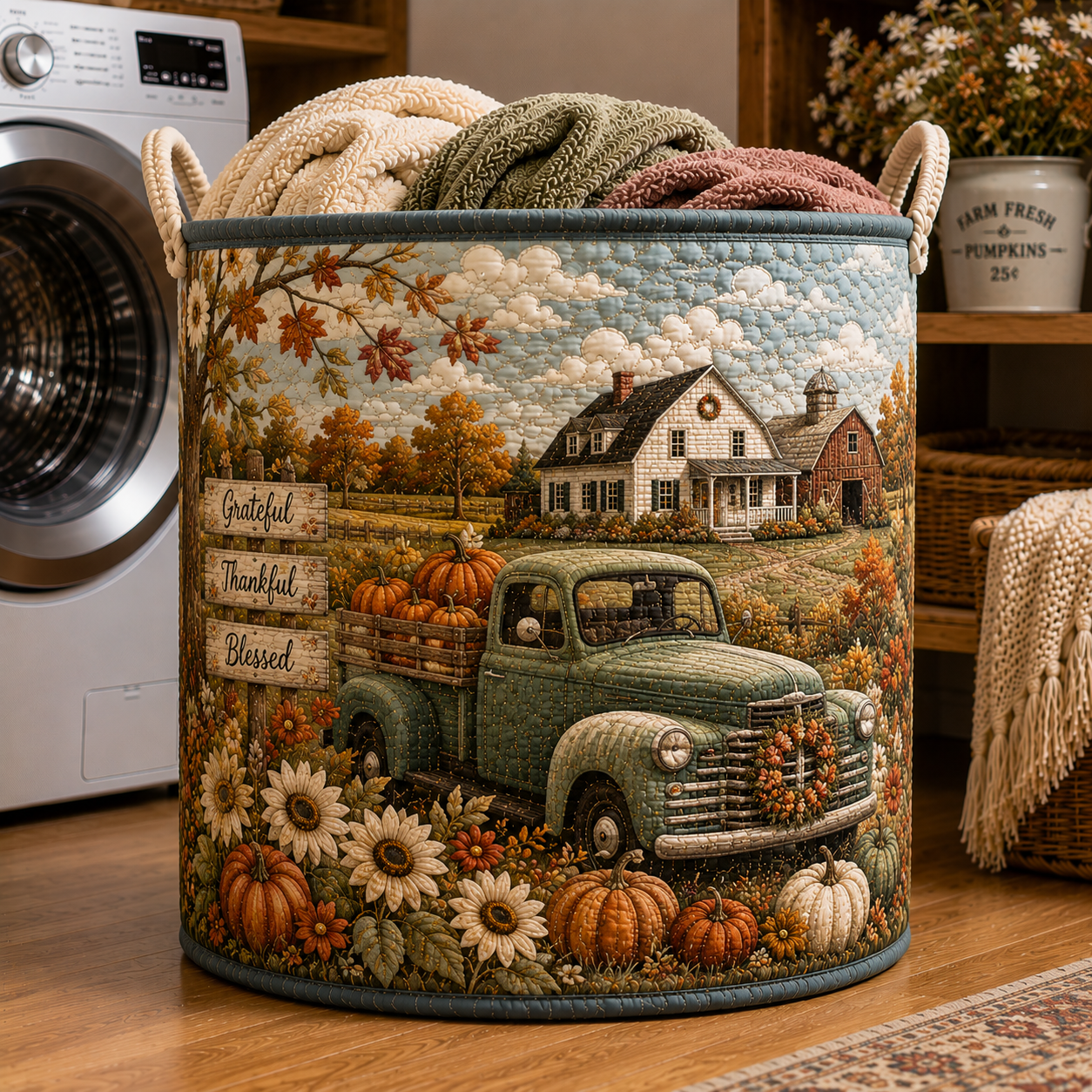 Fall Green Vintage Truck Pumpkin Harvest Quilted Laundry Basket