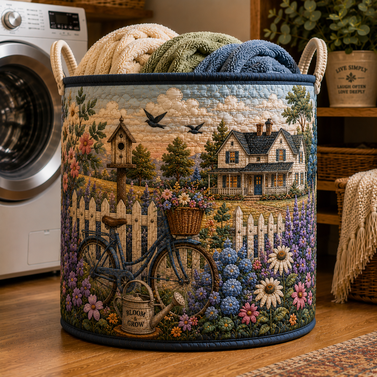 Vintage Bike Watering Can Wildflower Cottage Quilted Laundry Basket