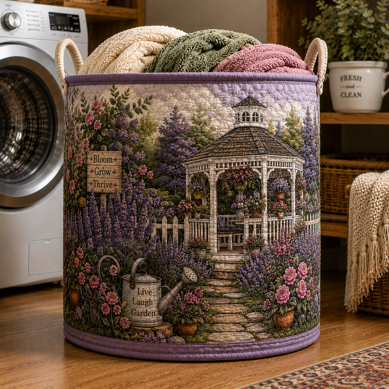 Lavender Rose Garden Gazebo Quilted Laundry Basket