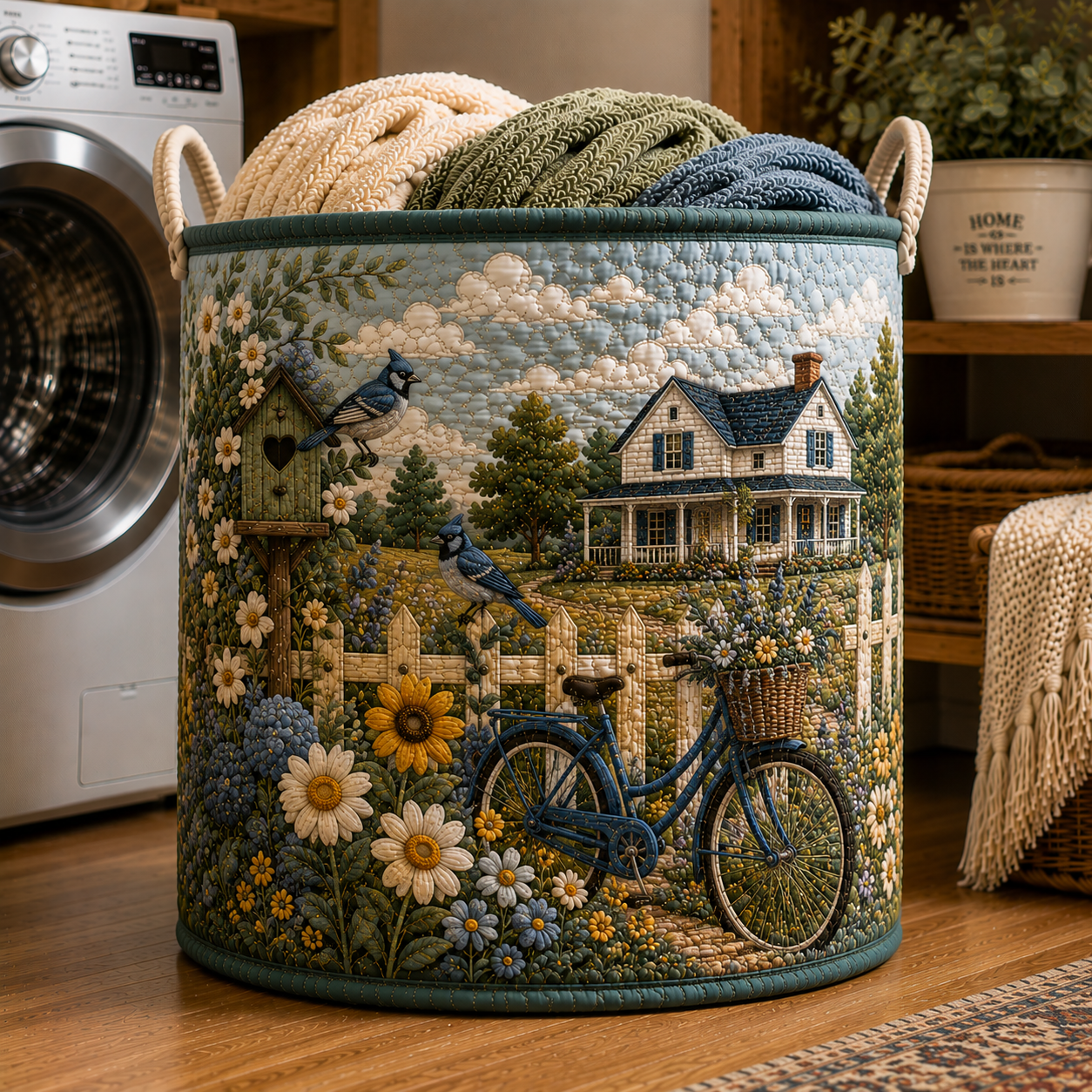 Country Blue Bird Floral Bicycle Print Quilted Laundry Basket