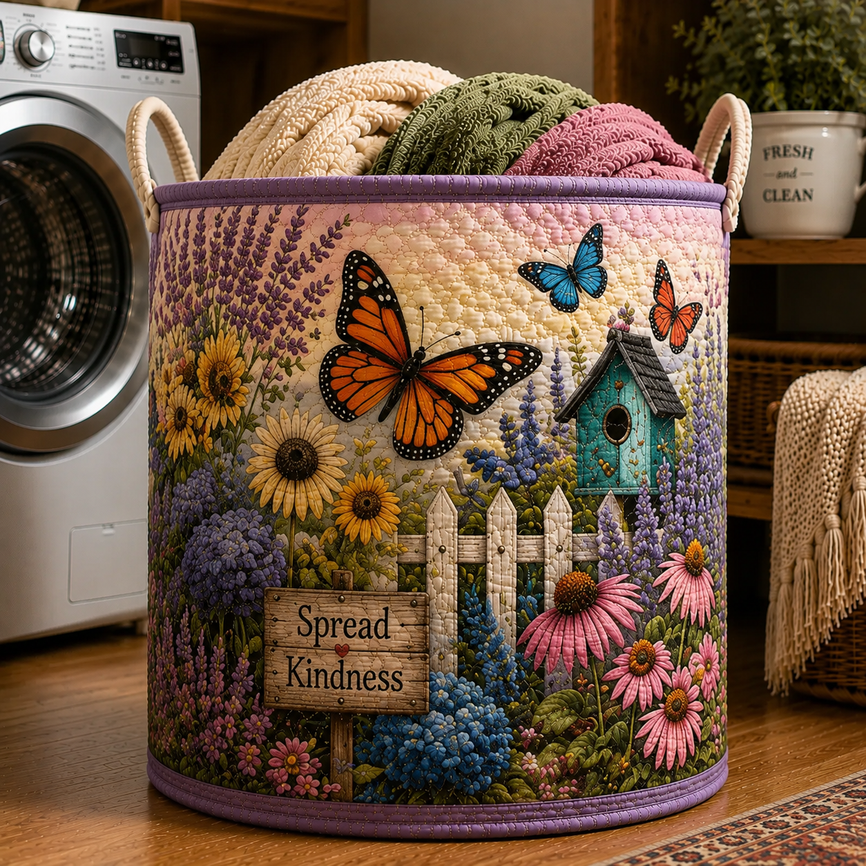 Monarch Butterfly Sunflower Fence Quilted Laundry Basket