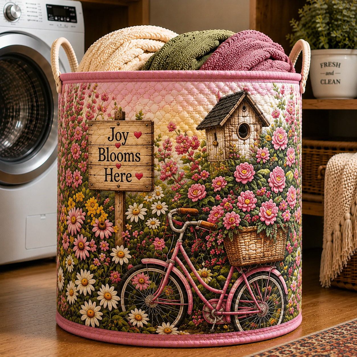 Pink Bicycle Floral Birdhouse Quilted Laundry Basket