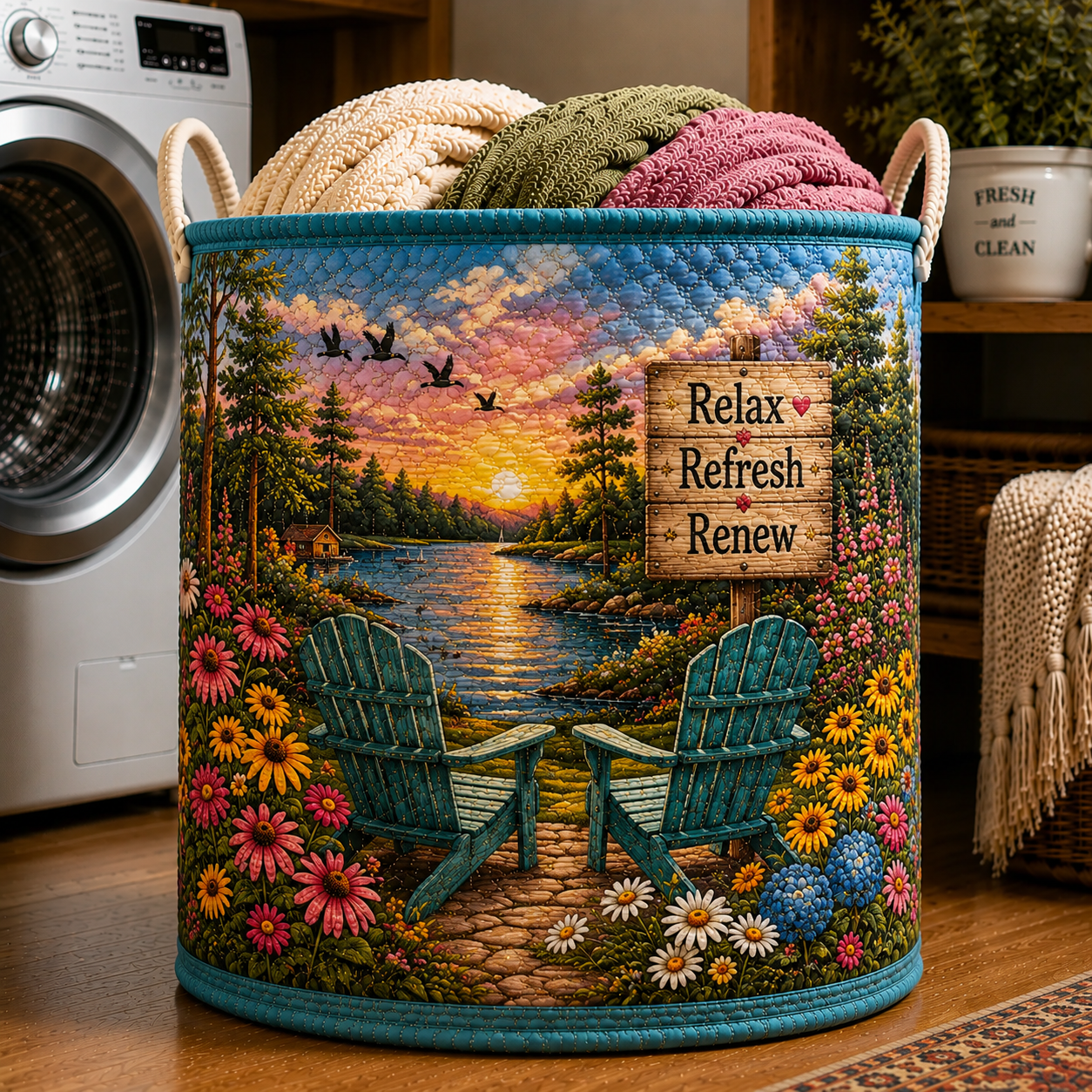 Lake Sunset Adirondack Chairs Quilted Laundry Basket