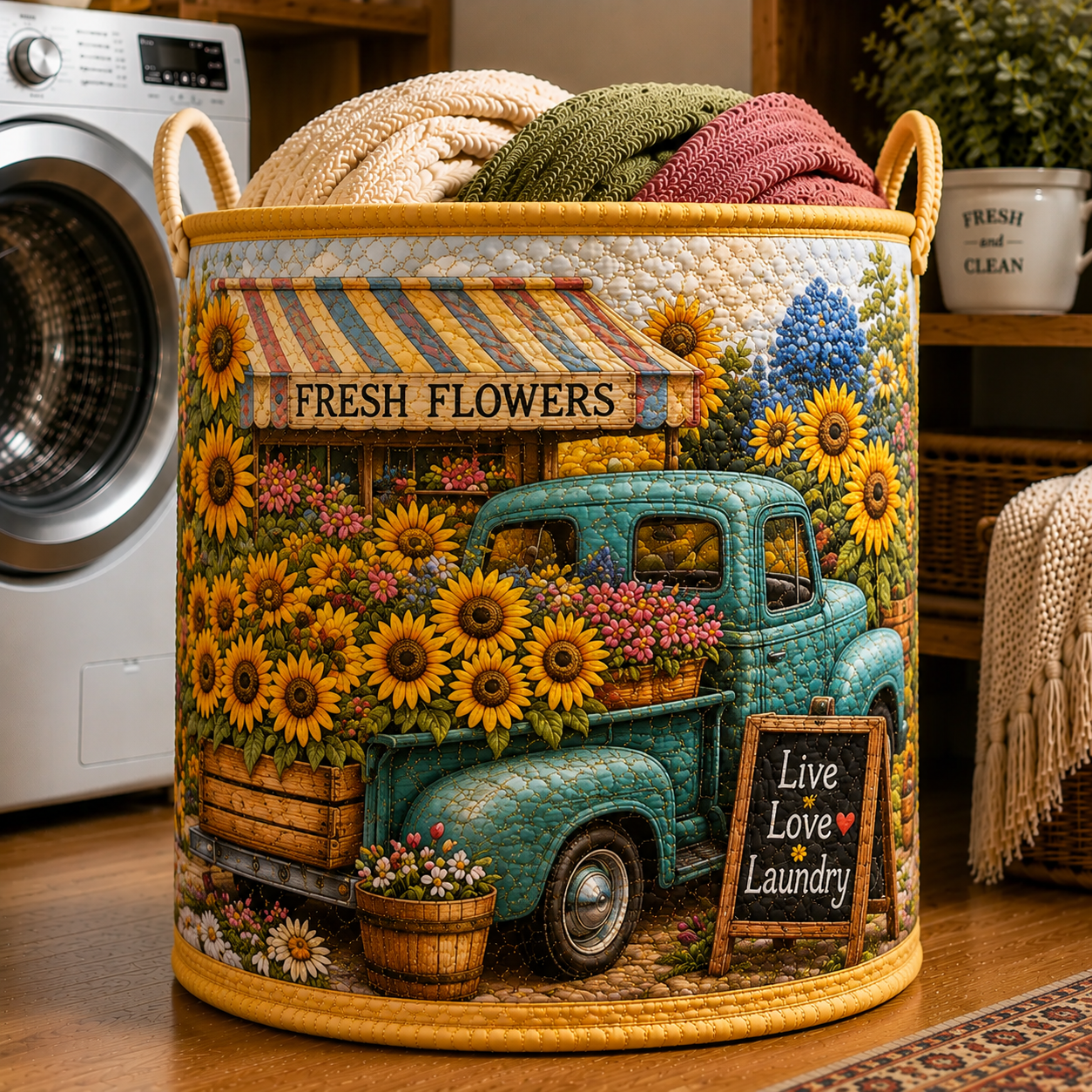 Sunflower Vintage Truck Flower Shop Quilted Laundry Basket