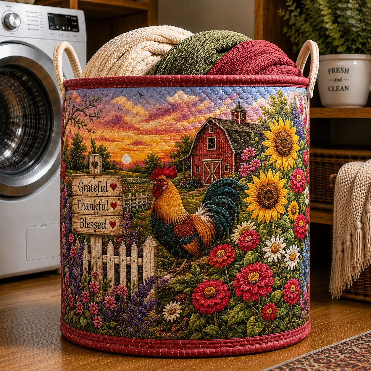 Rooster Red Barn Sunset Floral Quilted Laundry Basket