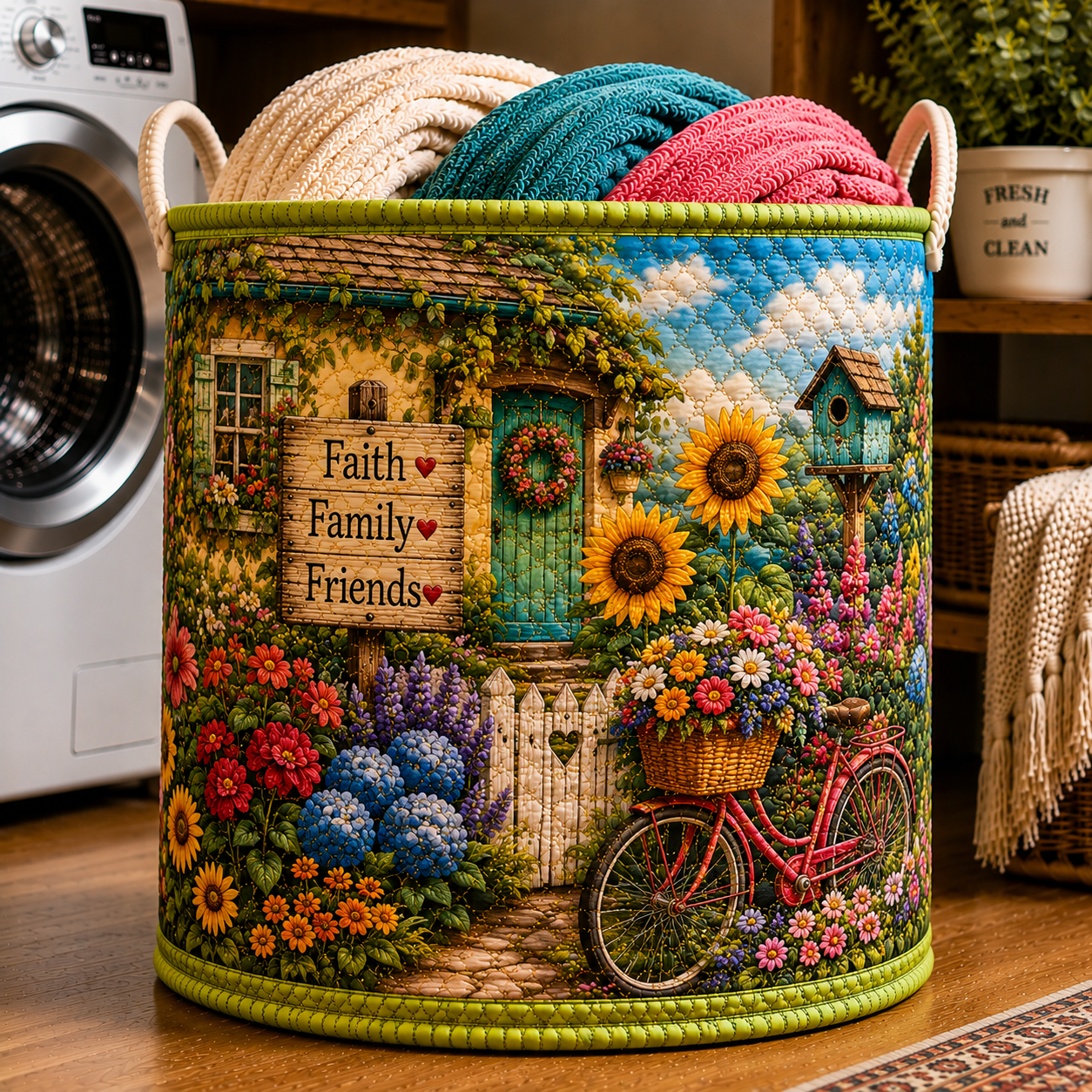 Floral Cottage Red Bicycle Birdhouse Quilted Laundry Basket