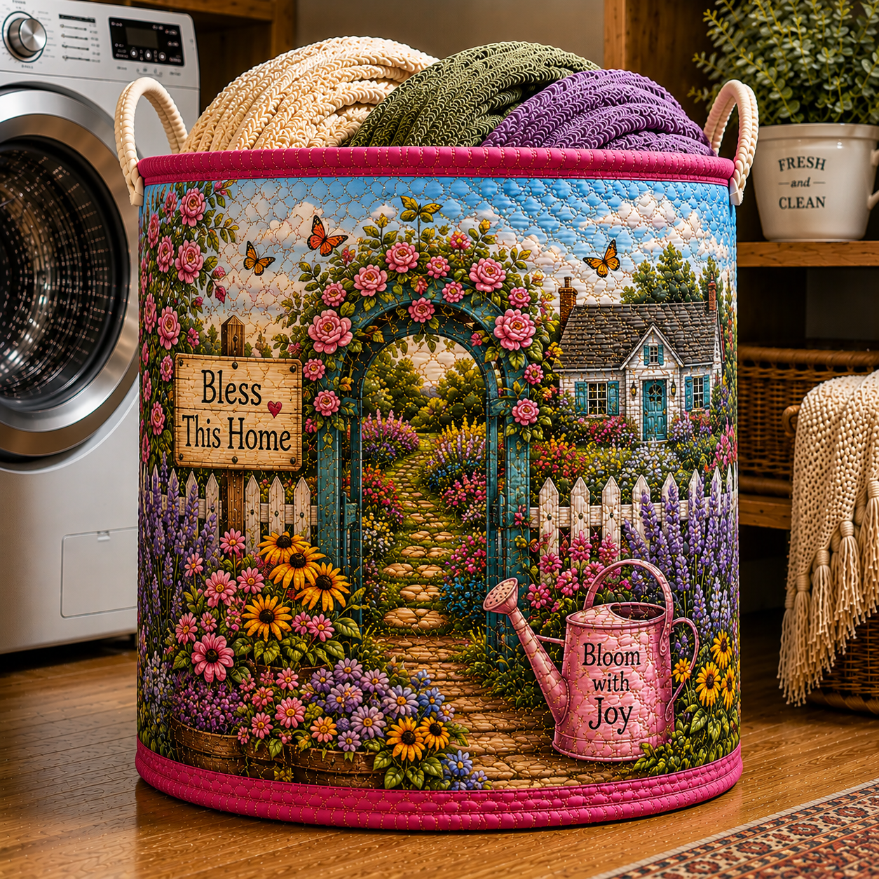 Rose Arch Cottage Watering Can Quilted Laundry Basket