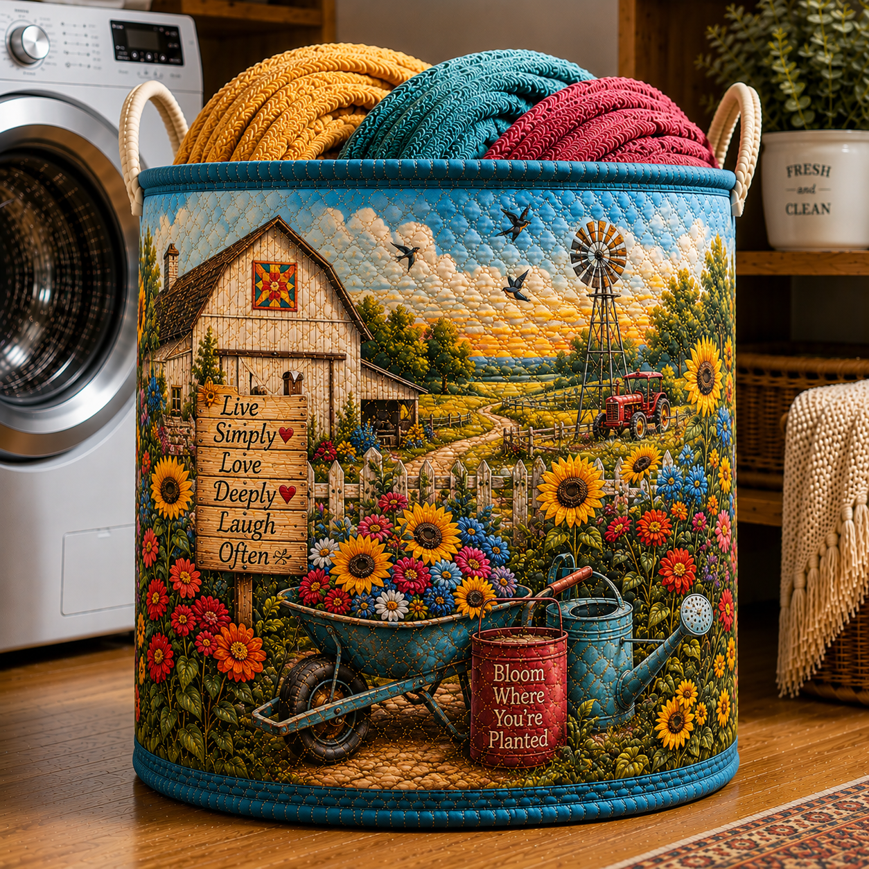 Barn Windmill Sunflower Garden Quilted Laundry Basket