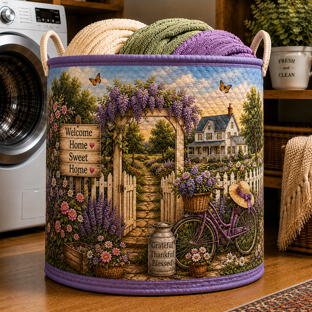 Wisteria Arch Country Home Bike Quilted Laundry Basket