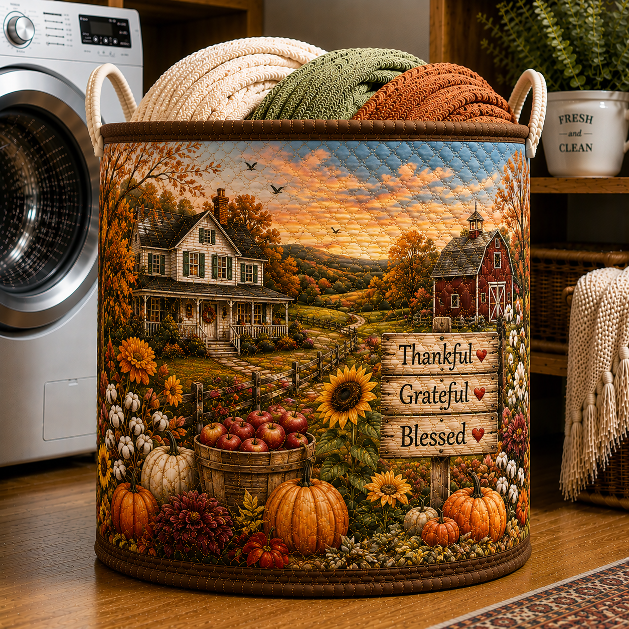 Autumn Farmhouse Pumpkin Harvest Quilted Laundry Basket