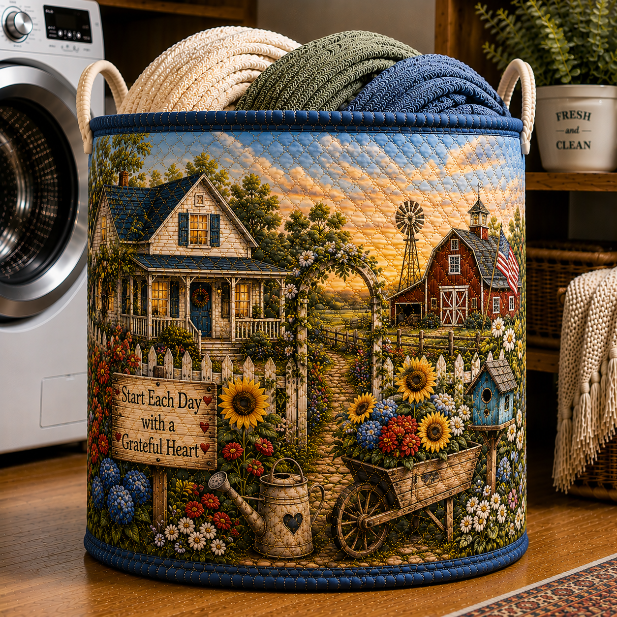 Windmill Farmhouse Sunflower Garden Quilted Laundry Basket