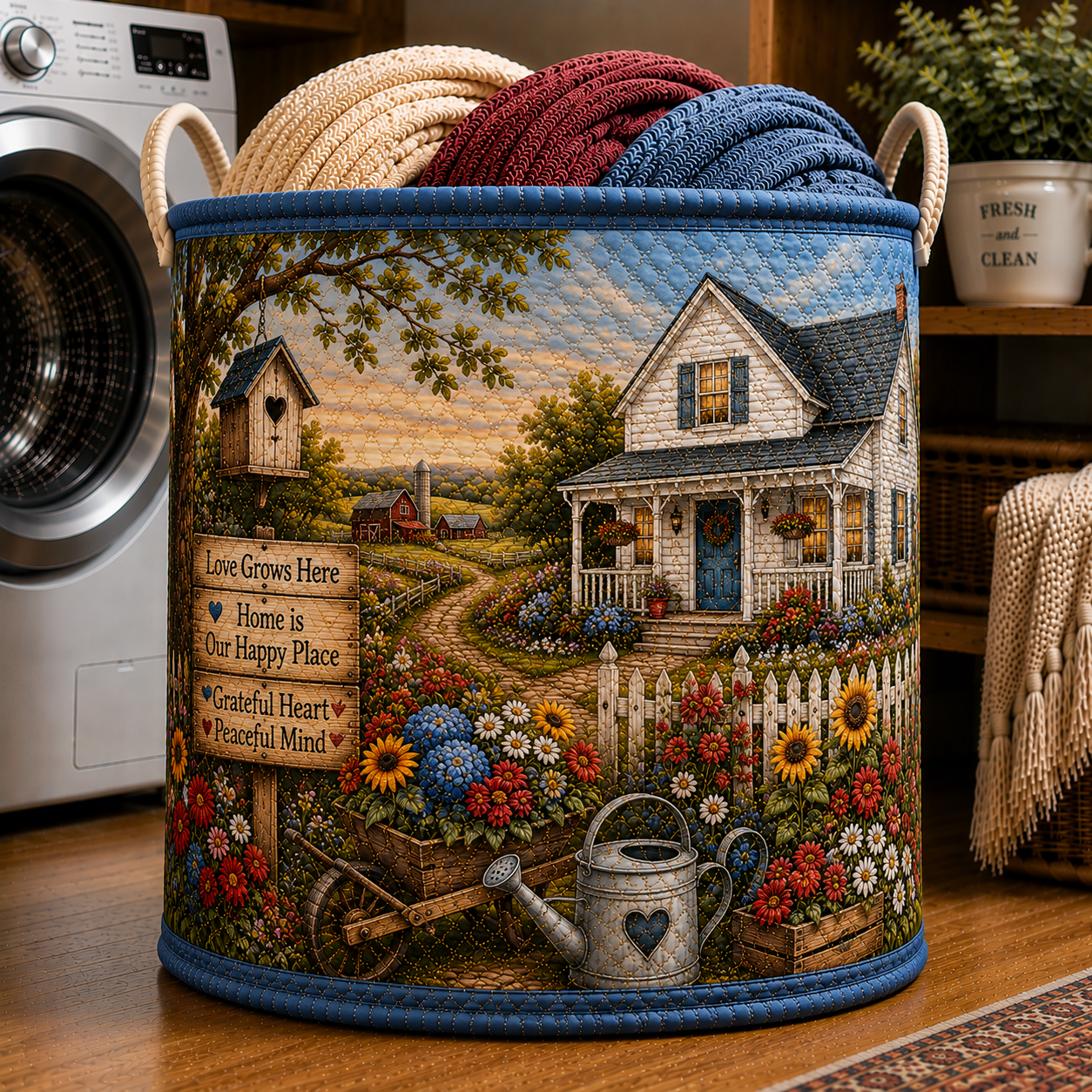 White Cottage Wheelbarrow Floral Farm Quilted Laundry Basket