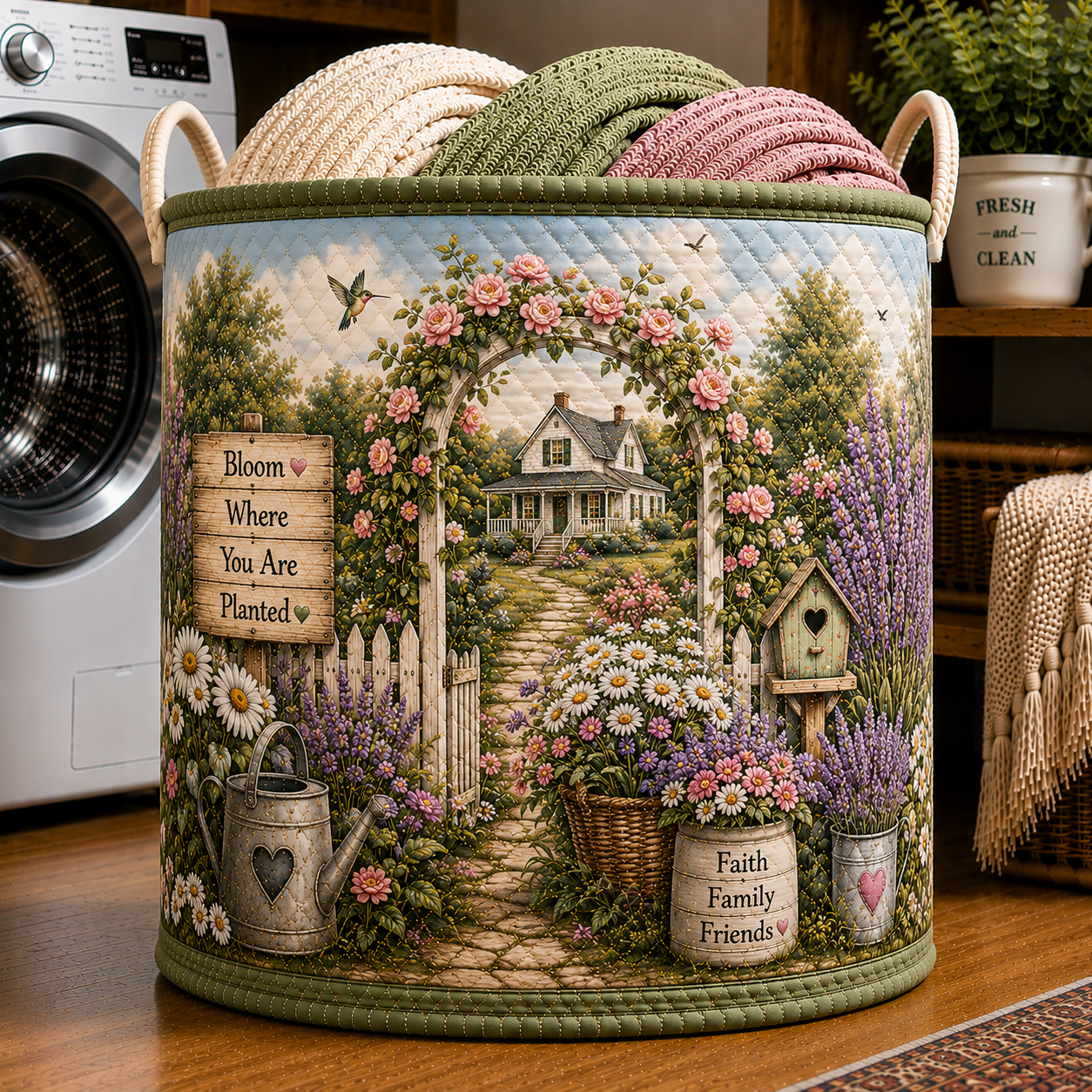 Rose Arch Hummingbird Lavender Garden Quilted Laundry Basket