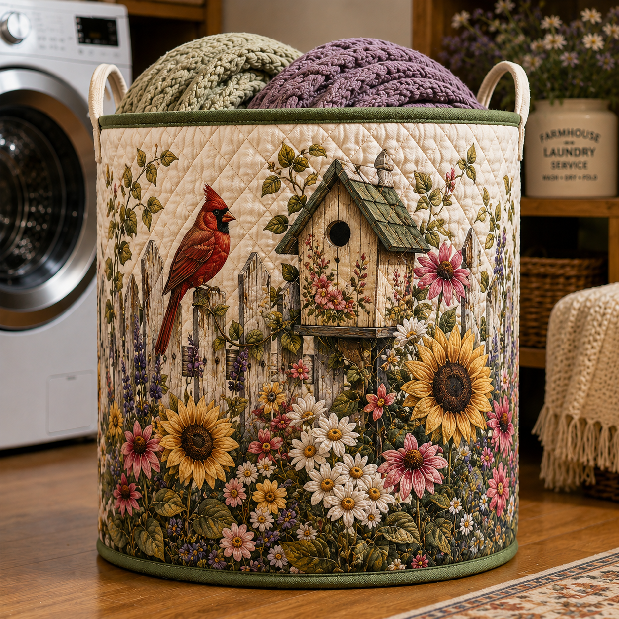 Cardinal Sunflower Birdhouse Garden Quilted Laundry Basket