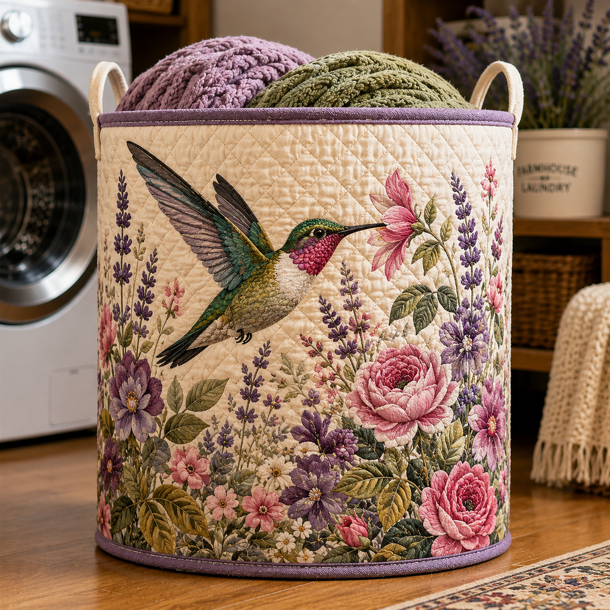 Hummingbird Peony Lavender Flower Quilted Laundry Basket