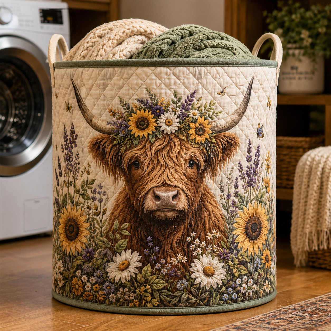 Highland Cow Sunflower Wreath Garden Quilted Laundry Basket