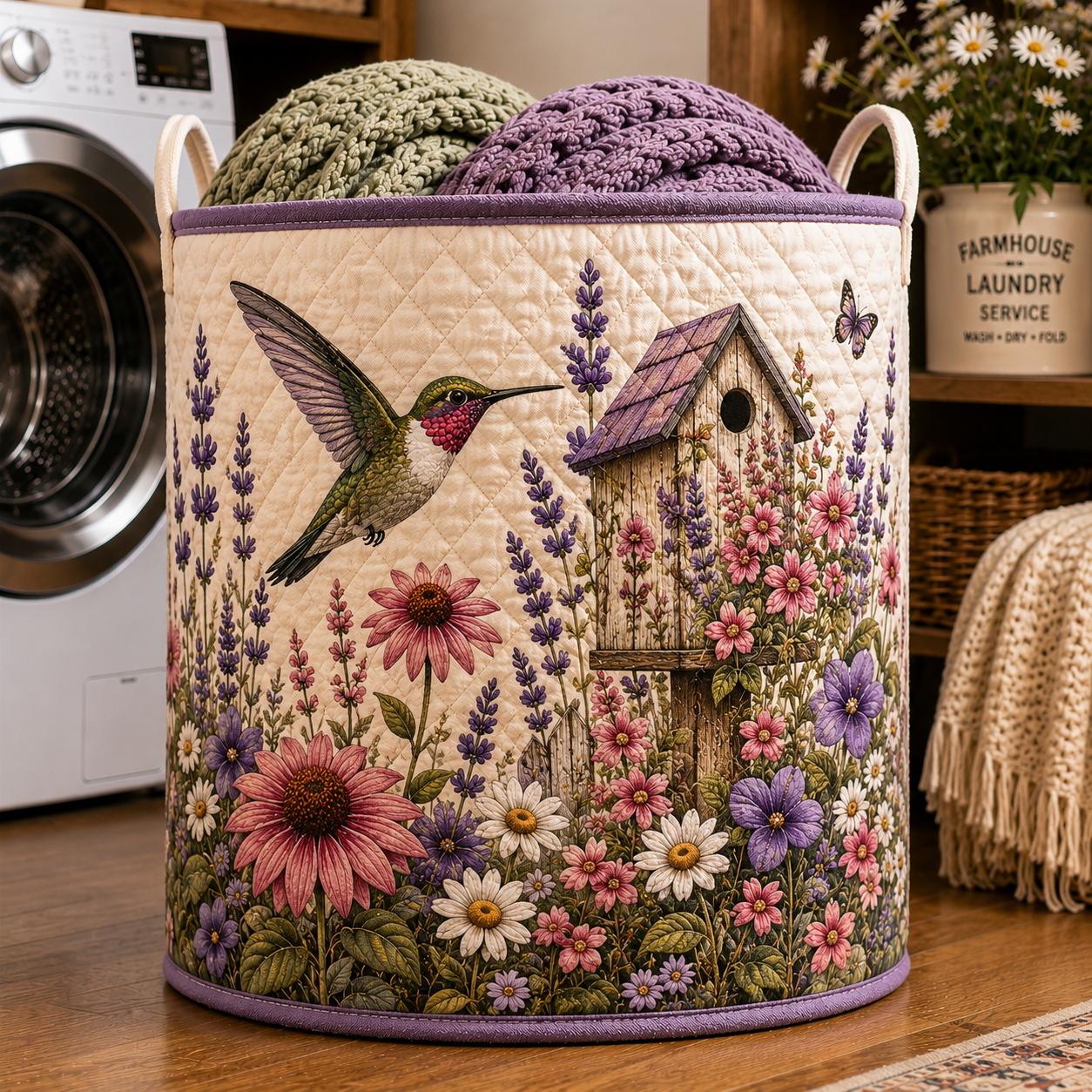Hummingbird Lavender Birdhouse Floral Quilted Laundry Basket