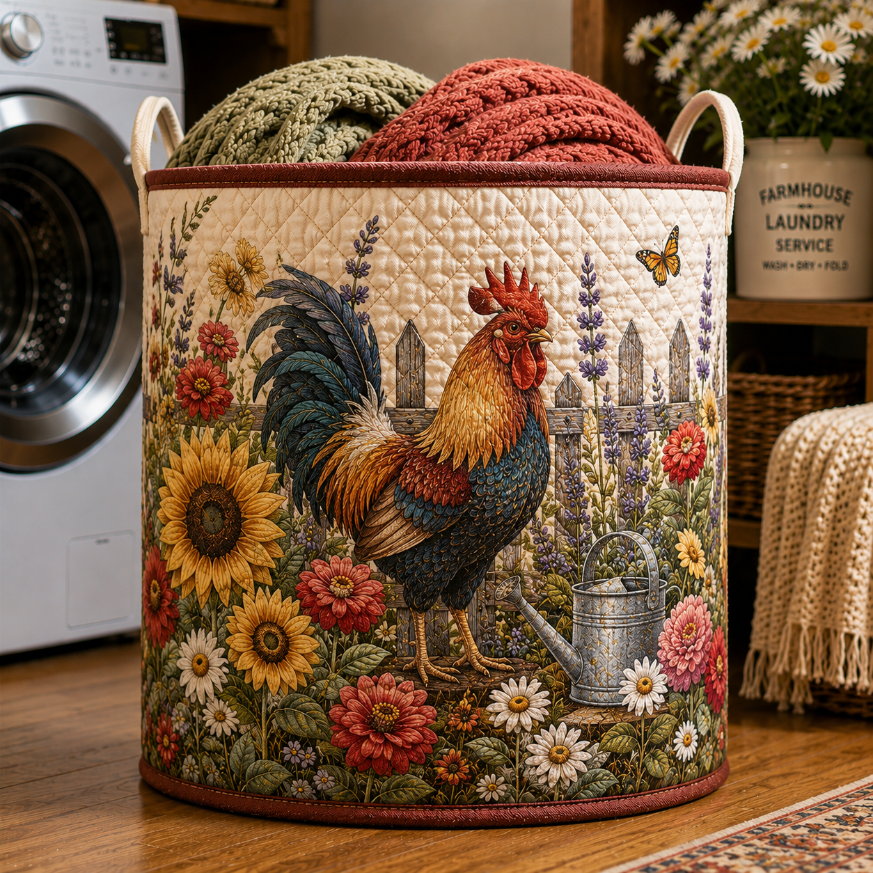 Farm Rooster Sunflower Fence Garden Quilted Laundry Basket