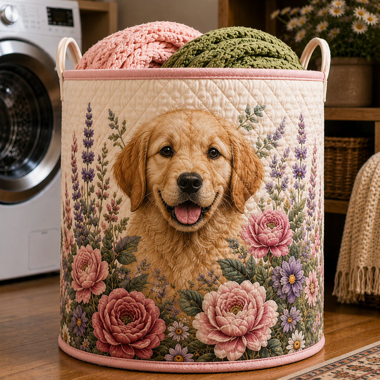 Golden Retriever Peony Lavender Floral Quilted Laundry Basket