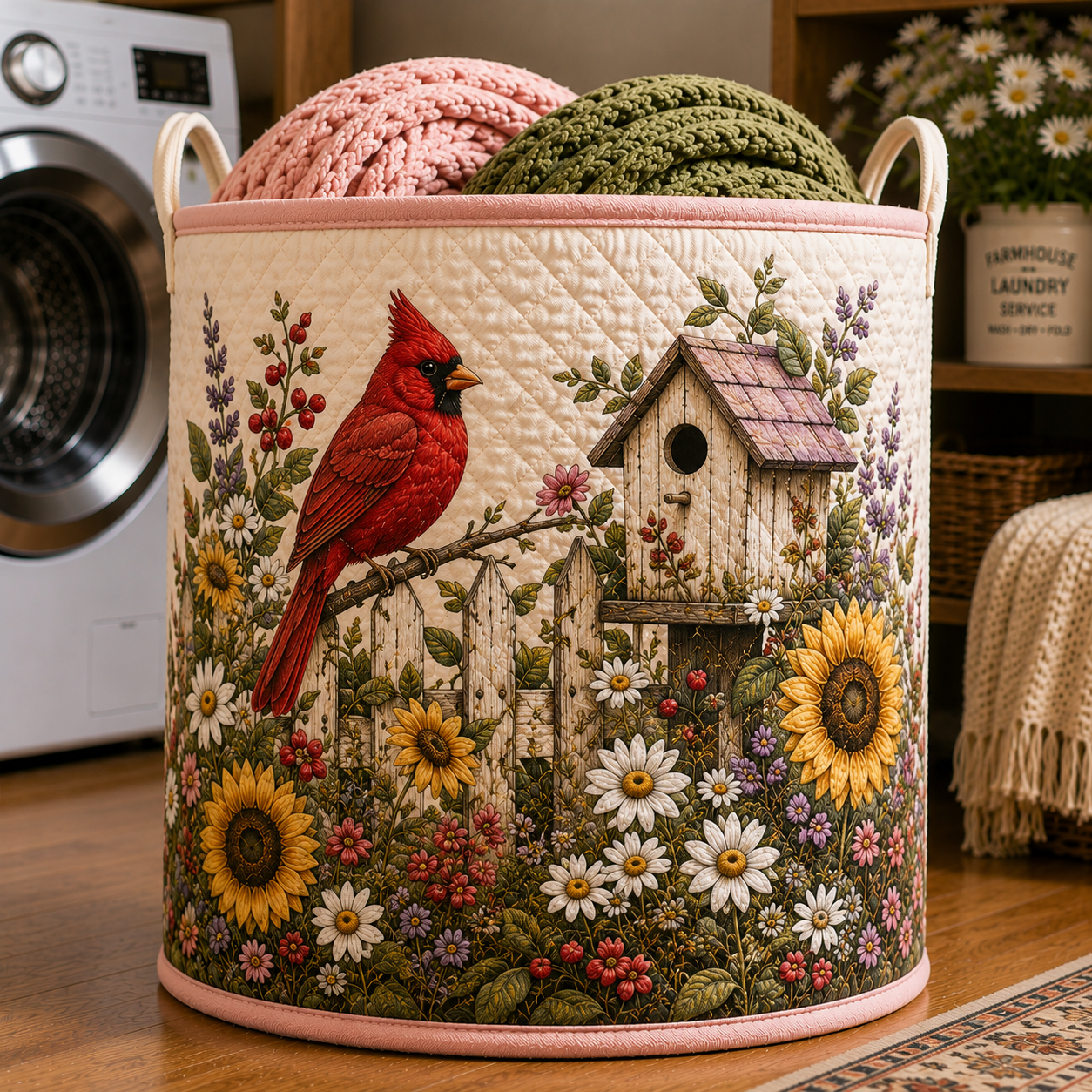 Cardinal Bird Daisy Sunflower Garden Quilted Laundry Basket