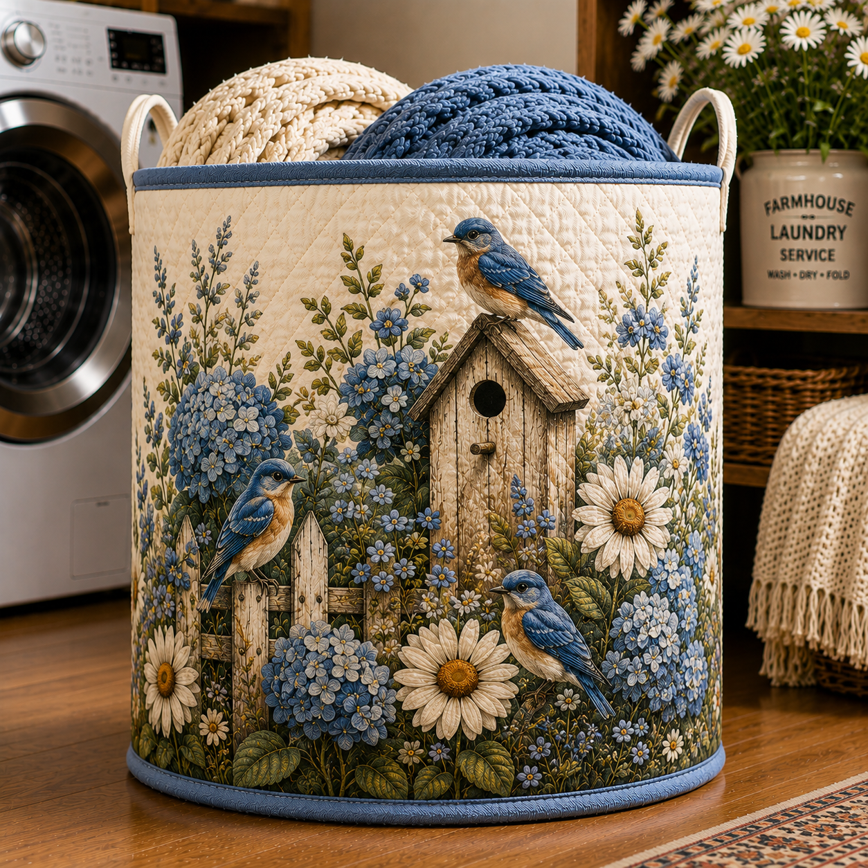 Bluebird Hydrangea Birdhouse Floral Quilted Laundry Basket