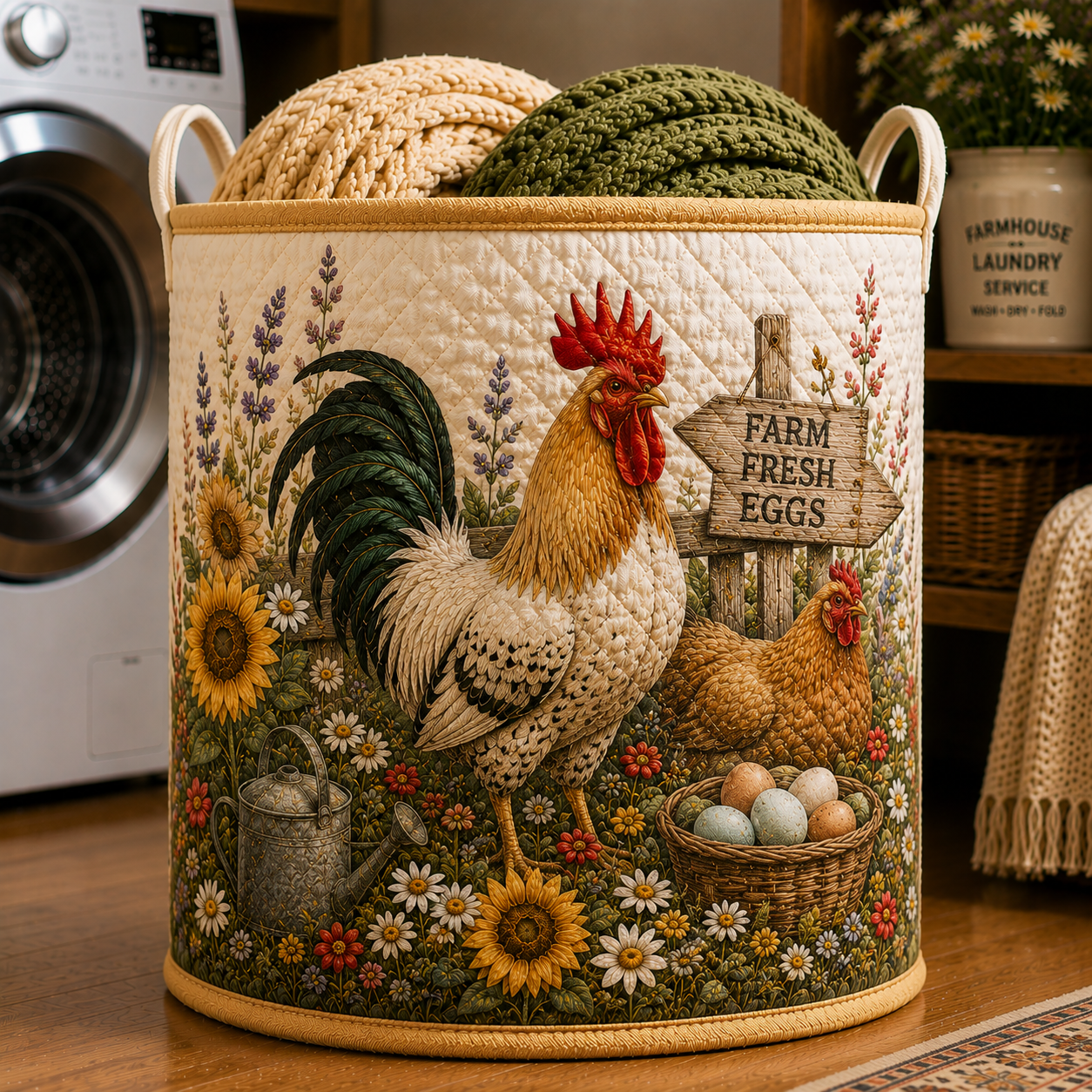 Farm Rooster Fresh Egg Sunflower Garden Quilted Laundry Basket
