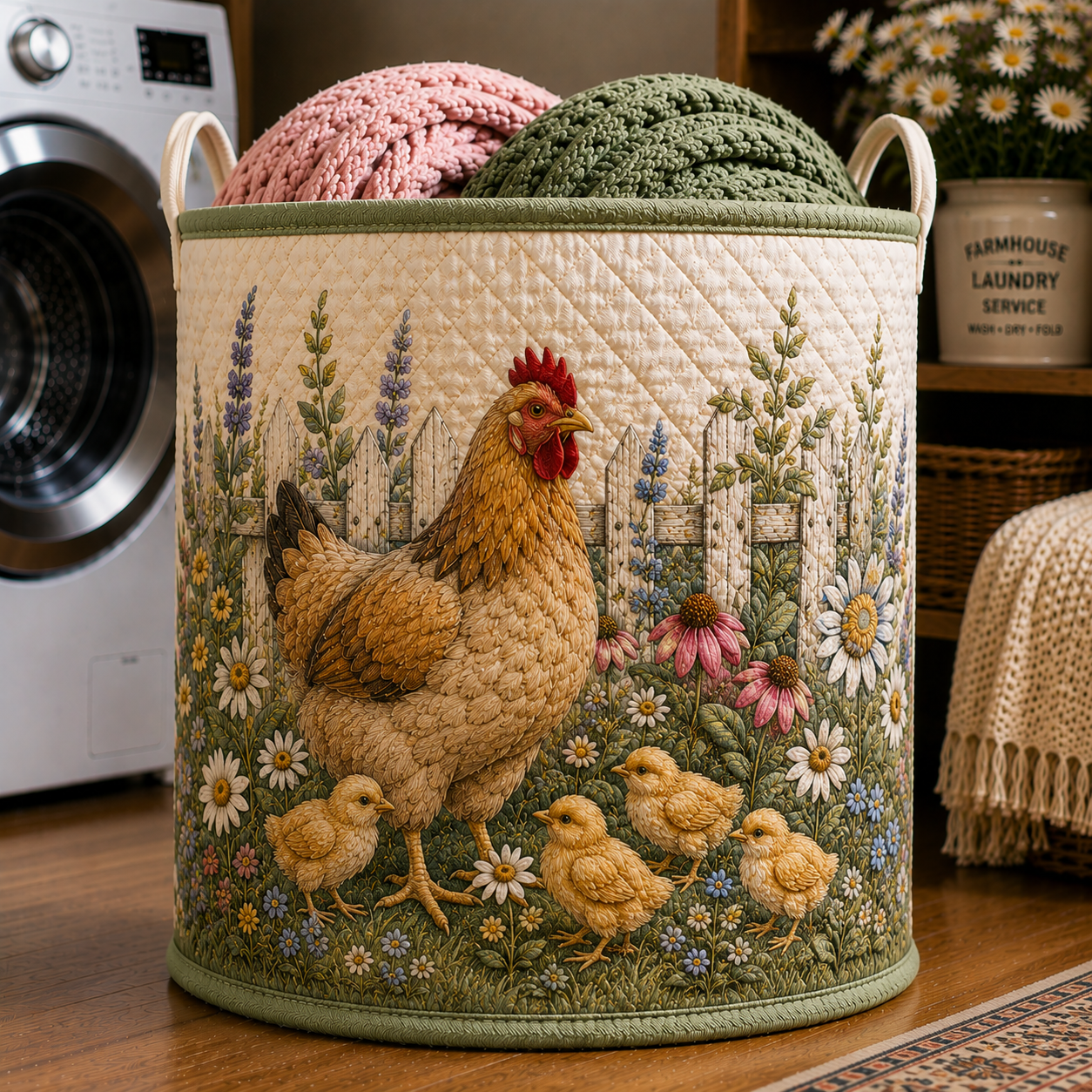 Hen Chicks Wildflower Farmhouse Quilted Laundry Basket