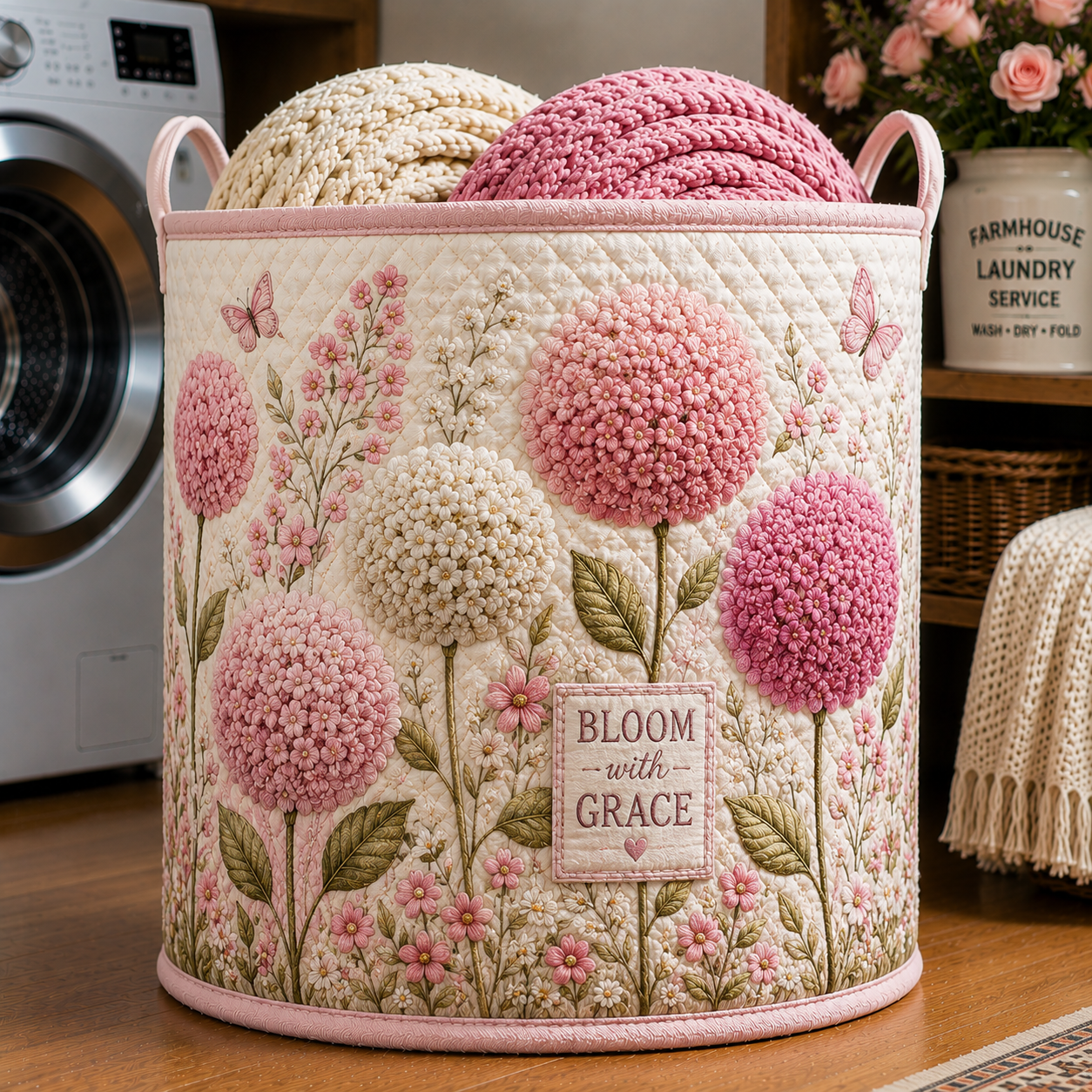 Pink White Hydrangea Butterfly Garden Quilted Laundry Basket
