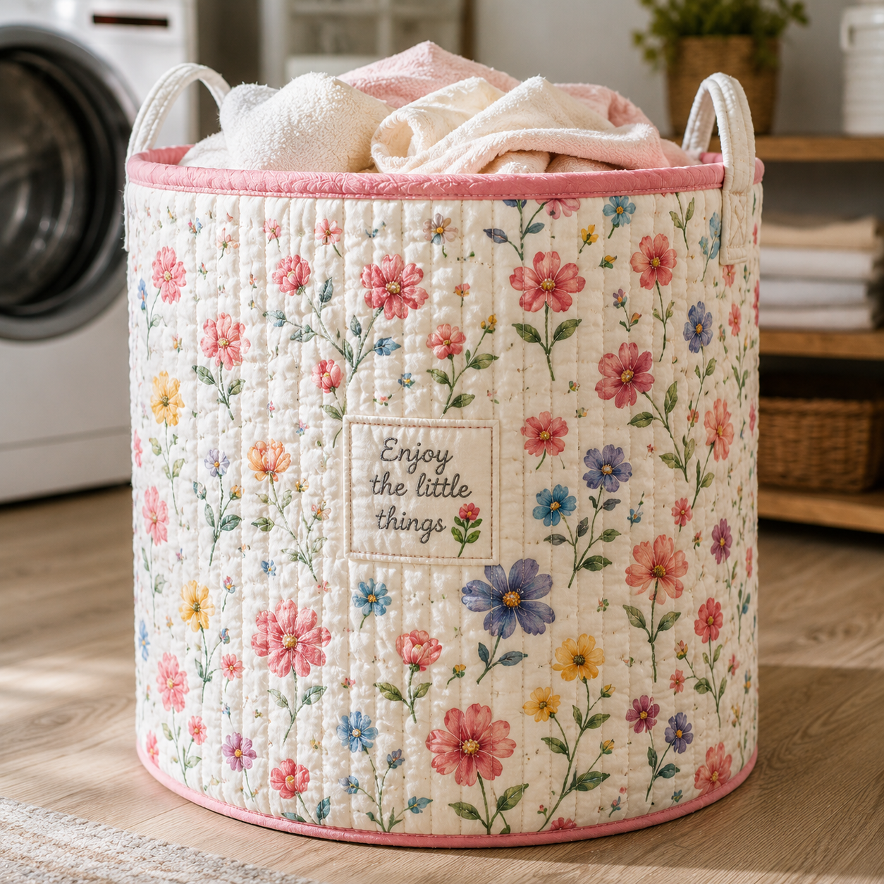 Watercolor Tiny Wildflower Pastel Quilted Laundry Basket
