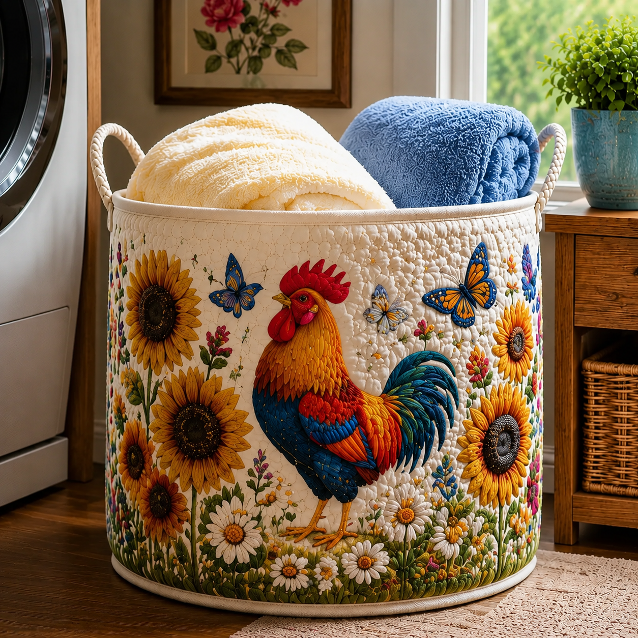 Rooster Sunflower Butterfly Garden Quilted Laundry Basket
