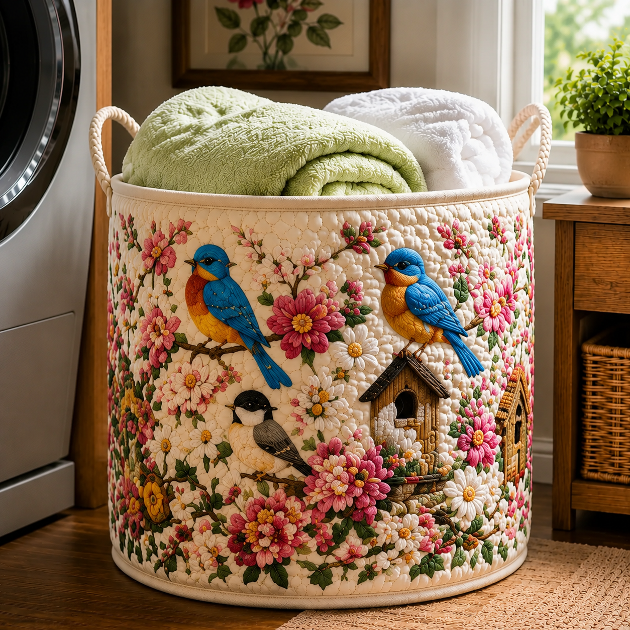 Blue Bird Birdhouse Blossom Garden Quilted Laundry Basket