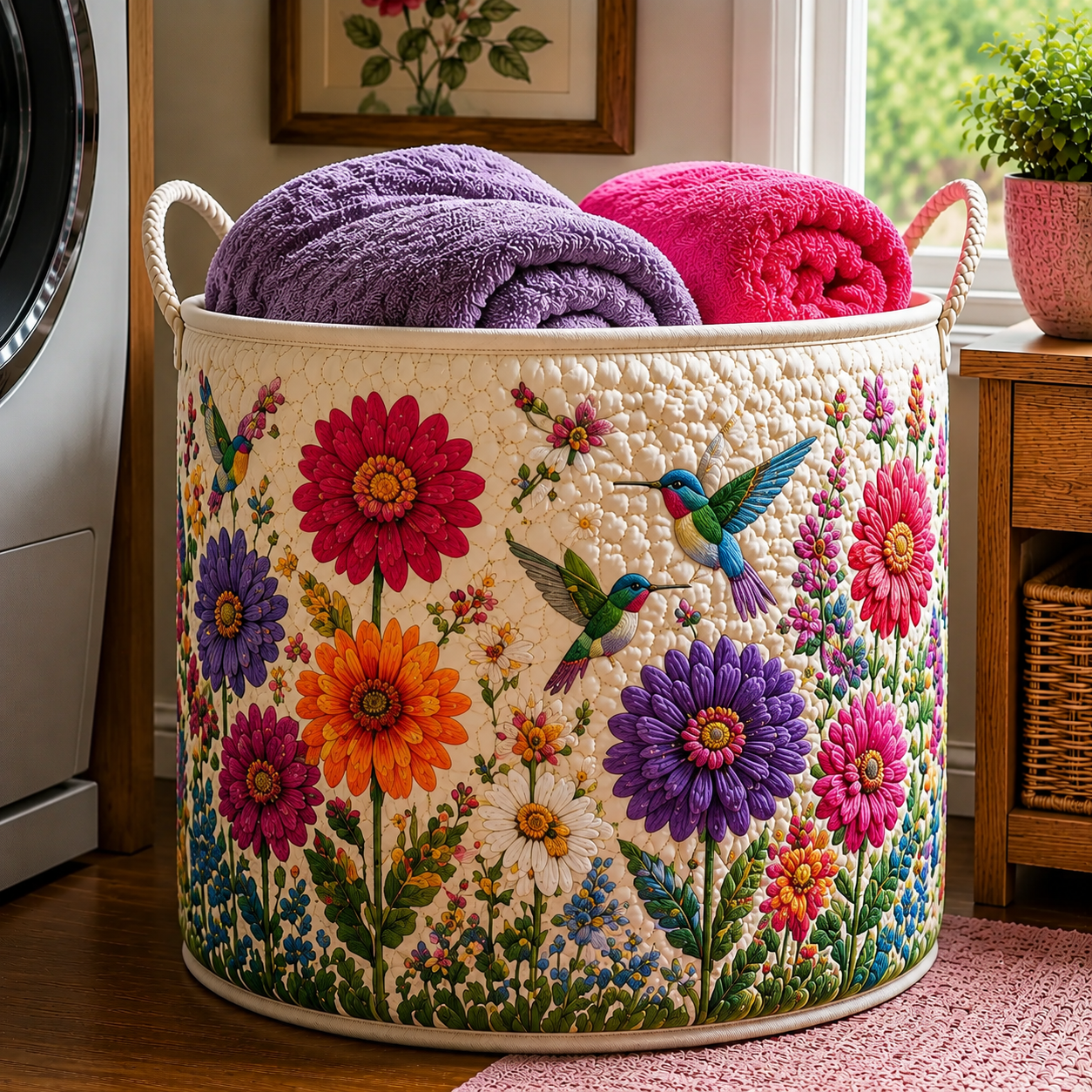 Hummingbird Vibrant Dahlia Flower Quilted Laundry Basket