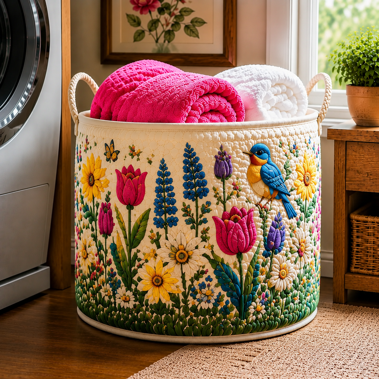 Bluebird Tulip Daisy Wildflower Garden Quilted Laundry Basket