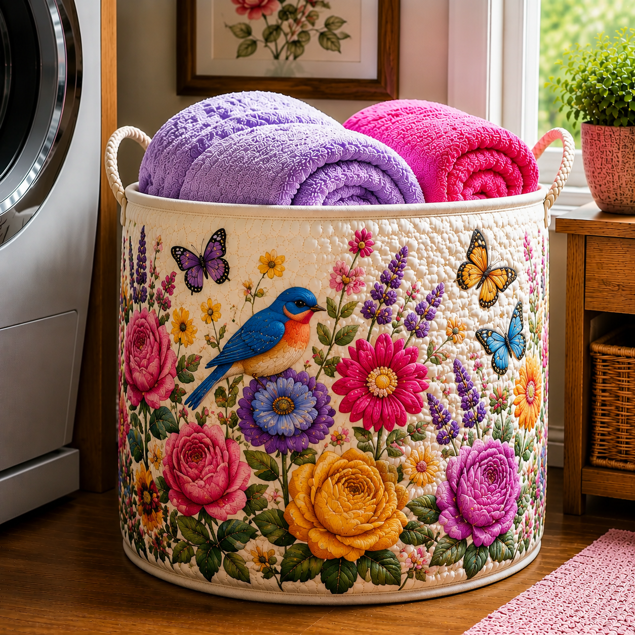 Bluebird Peony Rose Butterfly Floral Quilted Laundry Basket