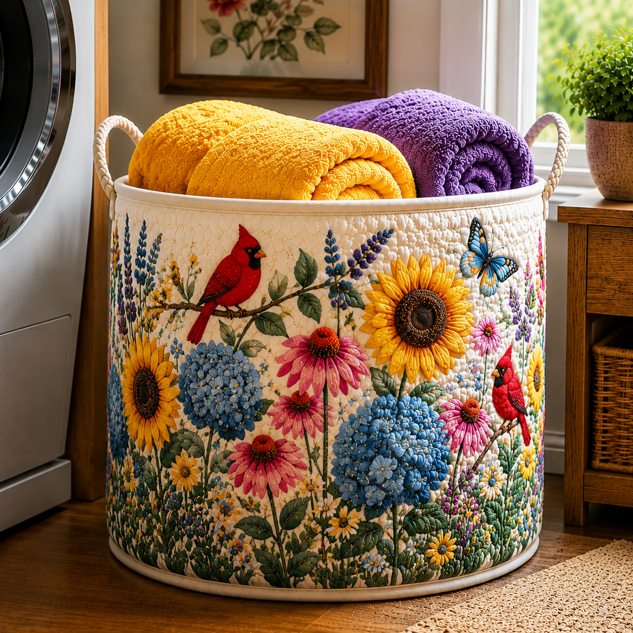 Cardinal Bird Sunflower Hydrangea Quilted Laundry Basket