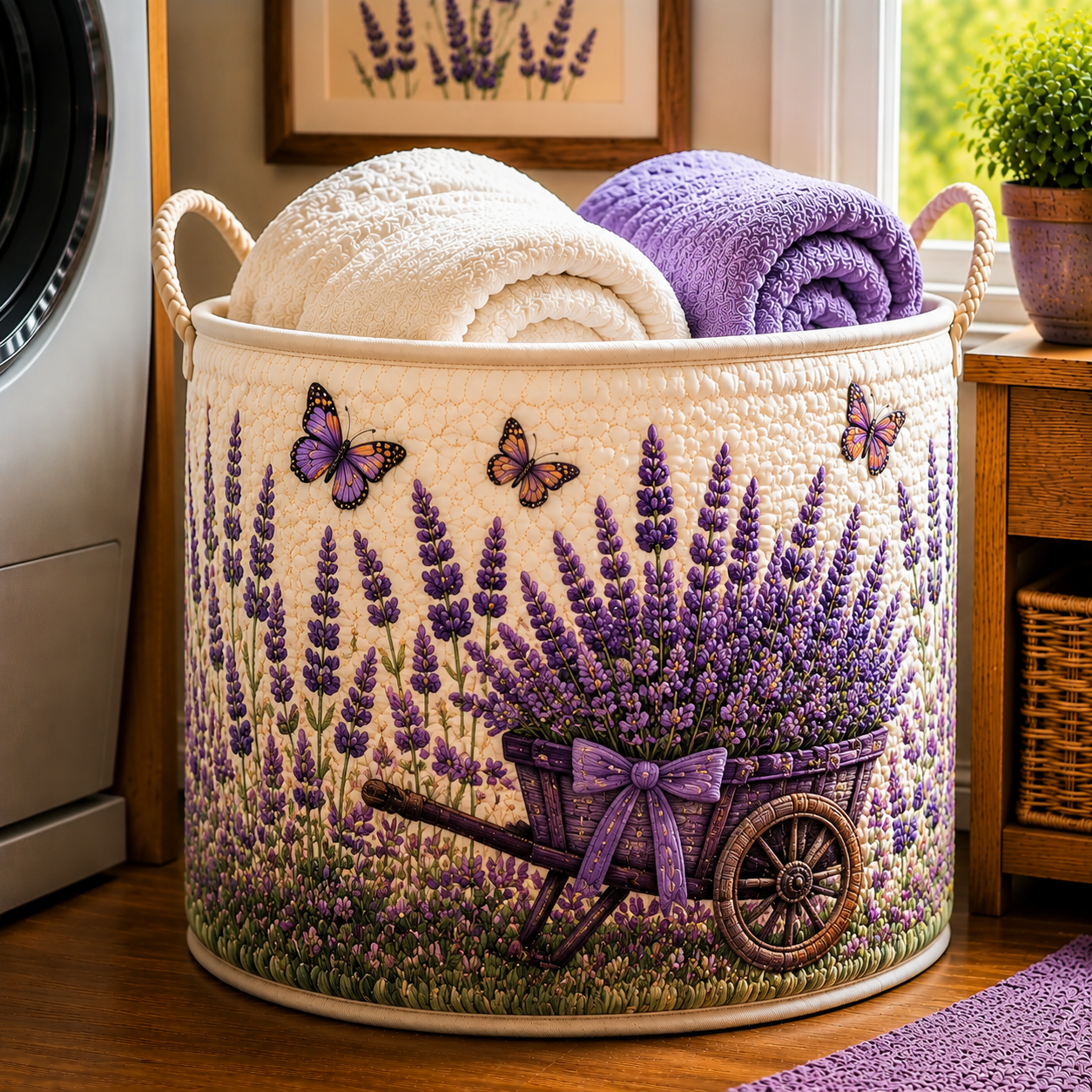 Lavender Wheelbarrow Butterfly Garden Quilted Laundry Basket