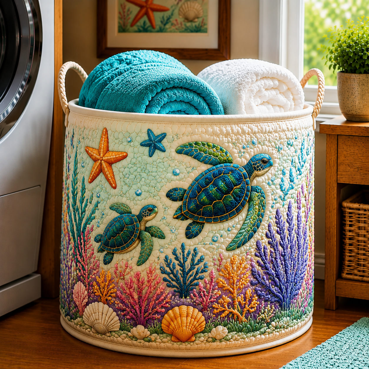 Sea Turtle Coral Ocean Beach Quilted Laundry Basket