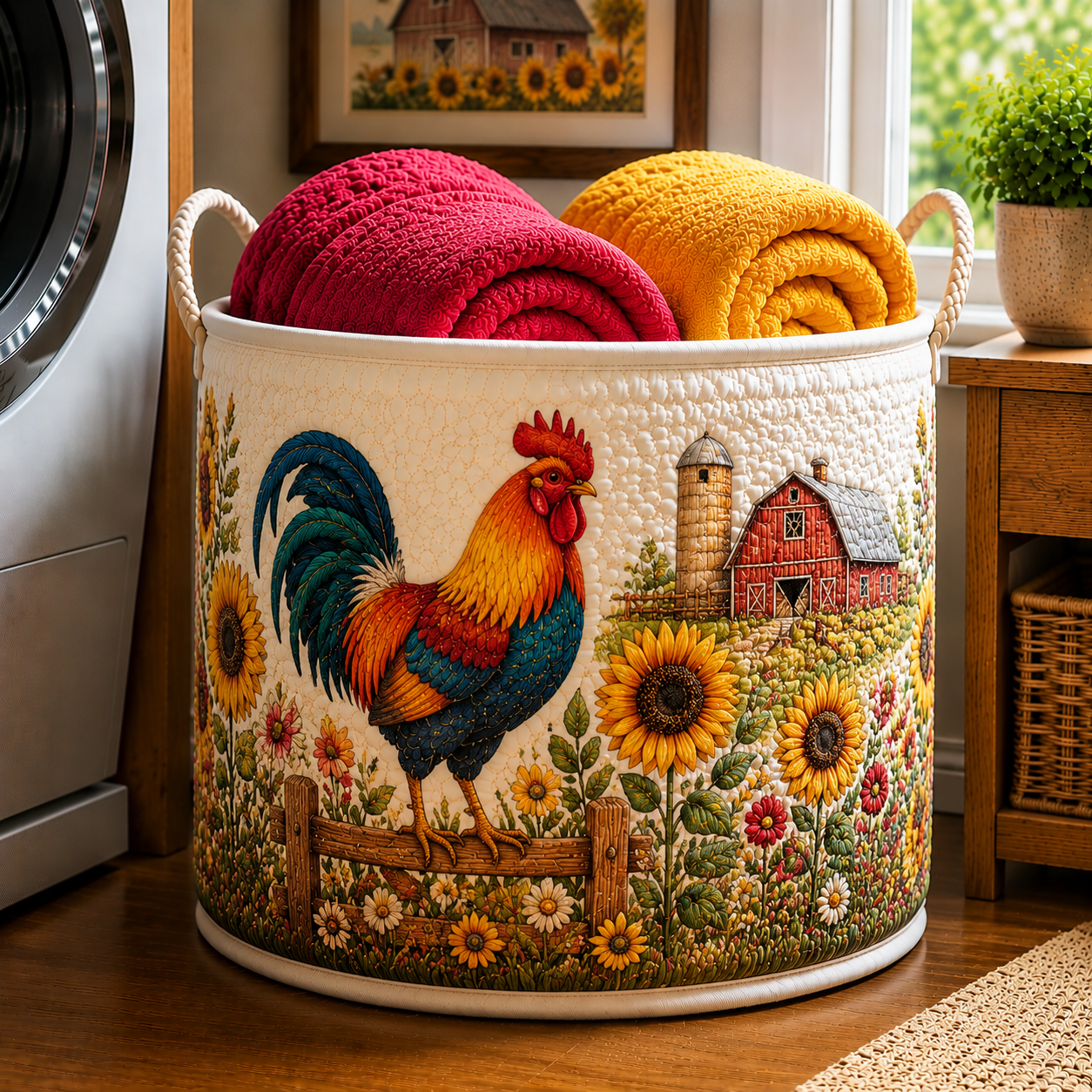 Rooster Red Barn Sunflower Farm Quilted Laundry Basket