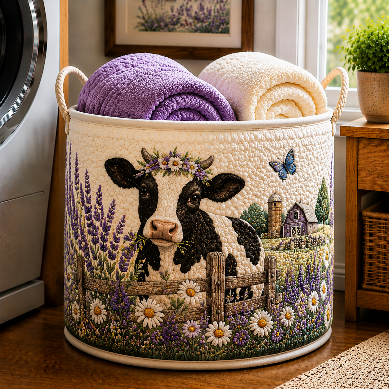 Holstein Cow Farm Lavender Daisy Quilted Laundry Basket