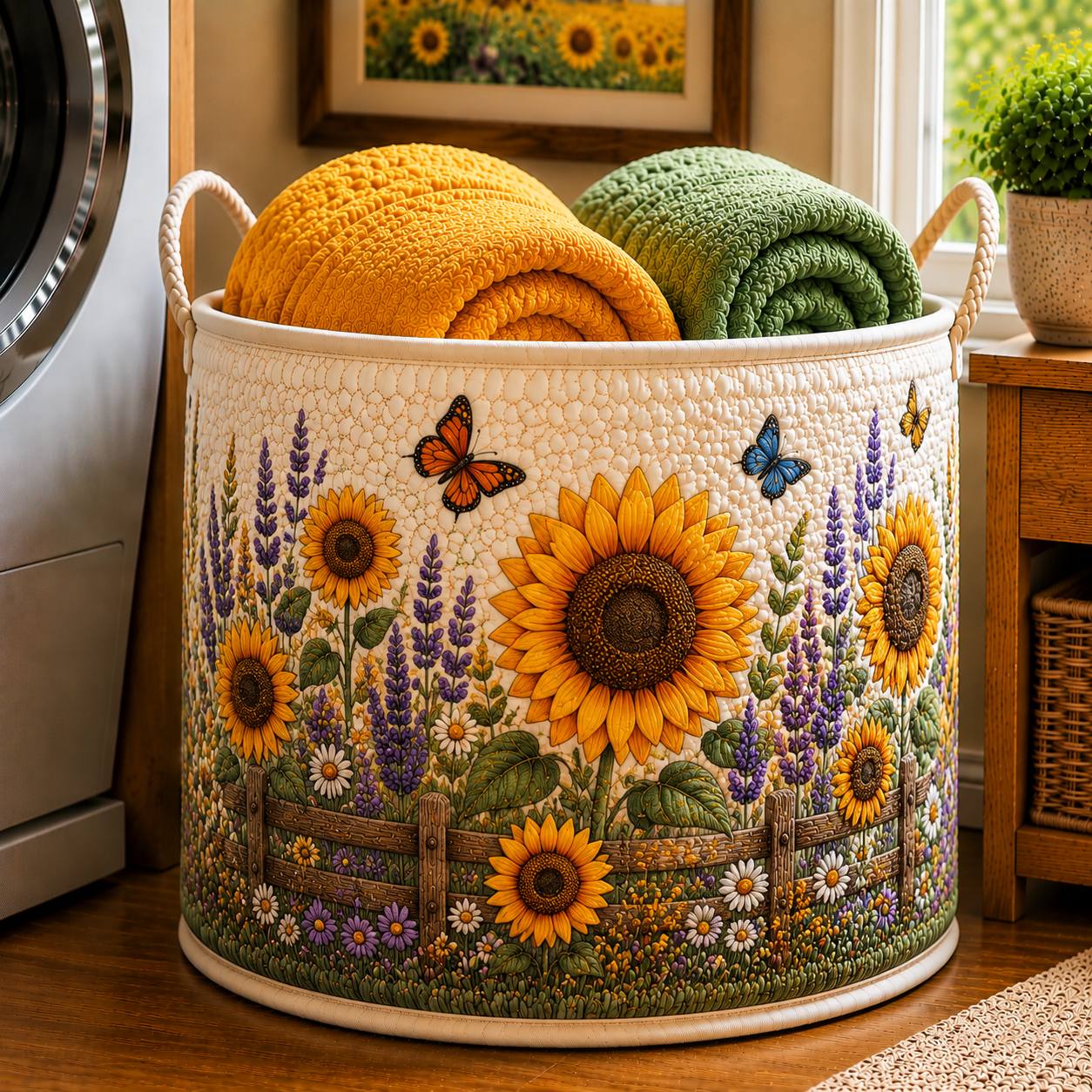 Sunflower Butterfly Lavender Fence Quilted Laundry Basket