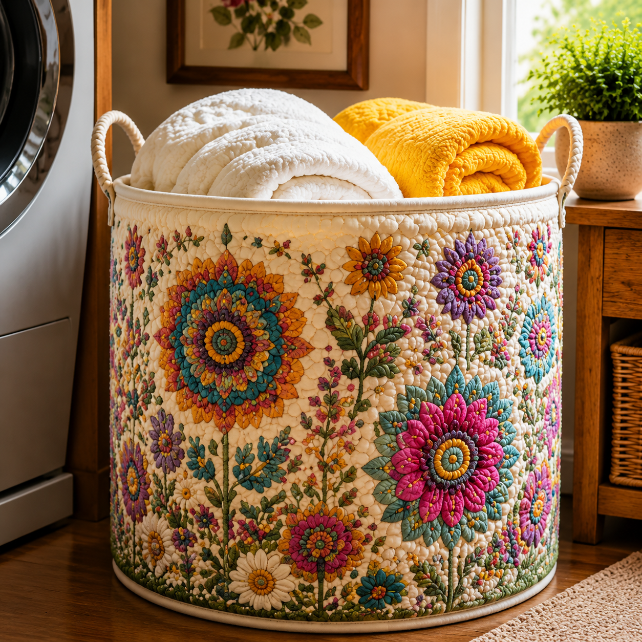 Mandala Colorful Floral Garden Quilted Laundry Basket